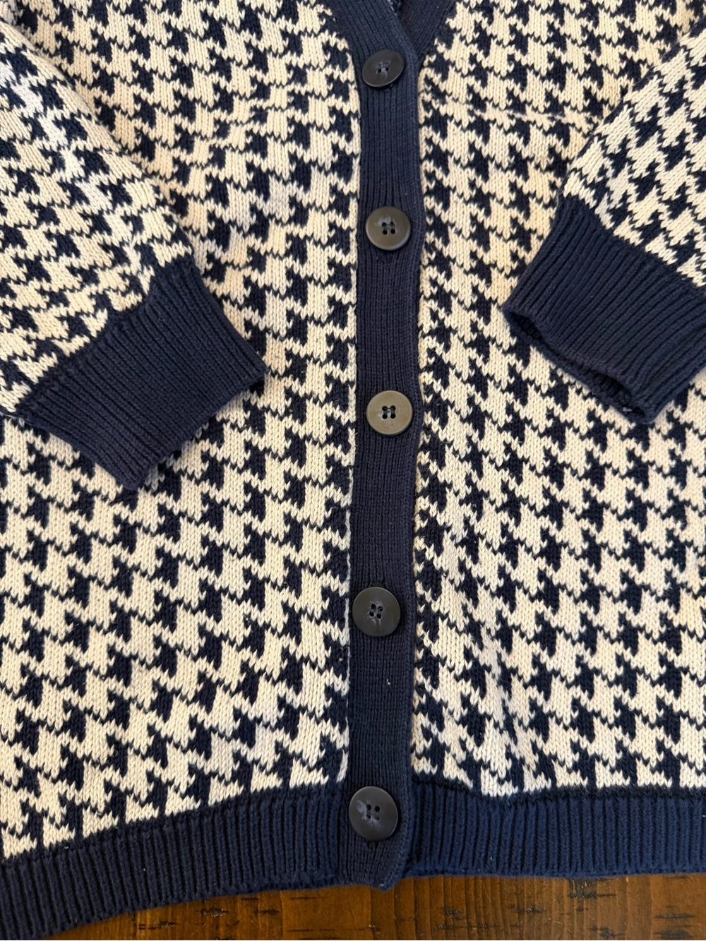 Vintage 90s Liz Sport Houndstooth Cardigan Navy & Cream Cotton Knit Sweater - Picture 3 of 11